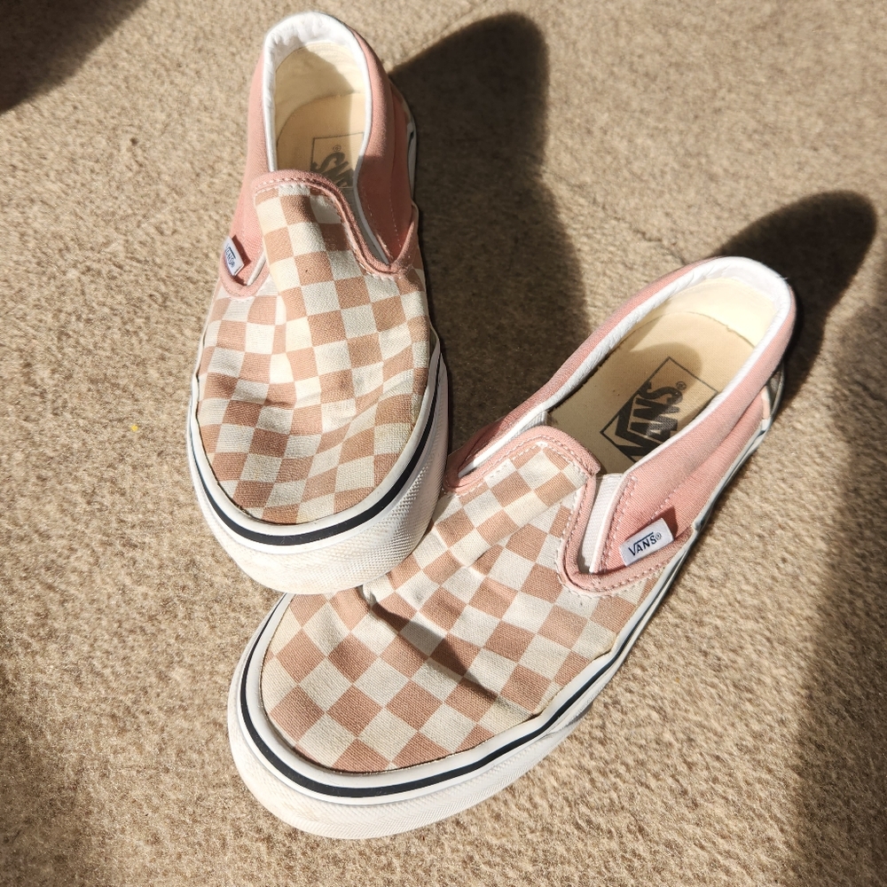 Vans Pink and Cream Checkered Slip-On Sneakers